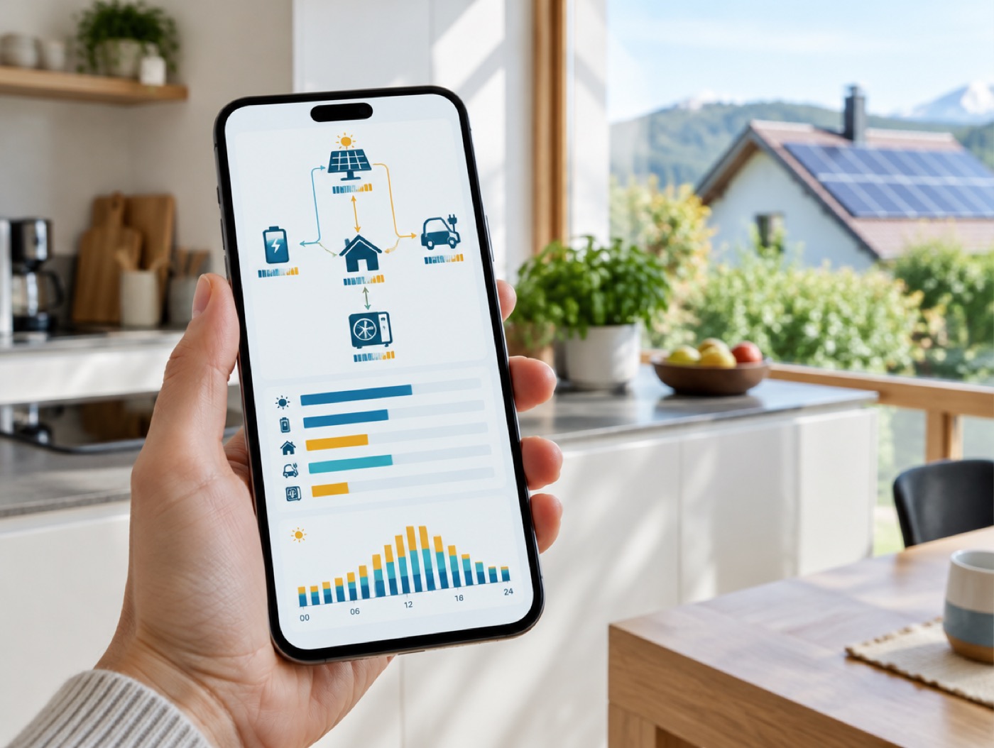 Energiefluss-App am Smartphone: Photovoltaik, Speicher, Wärmepumpe und E-Auto mit Tagesverlauf