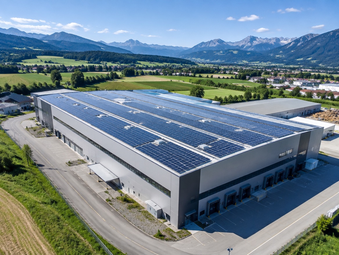 Gewerbegebäude mit Photovoltaik auf dem Dach und Wärmepumpe im Betrieb
