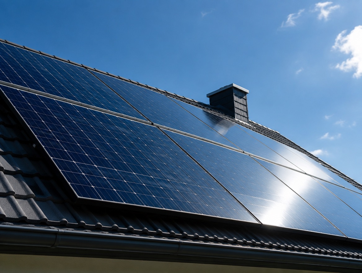 Photovoltaikmodule auf einem dunklen Ziegeldach vor blauem Himmel (Symbolbild, nicht in Leoben aufgenommen)