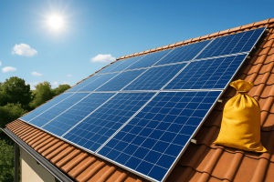 Solar auf Dach und ein Sack mit Geld